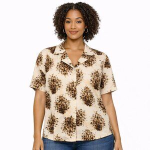 Teddi Cream & Brown Print Button-Down Top | Short Sleeve Blouse | Size L